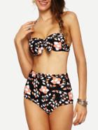 Shein Floral Print High Waist Bikini Set - Black