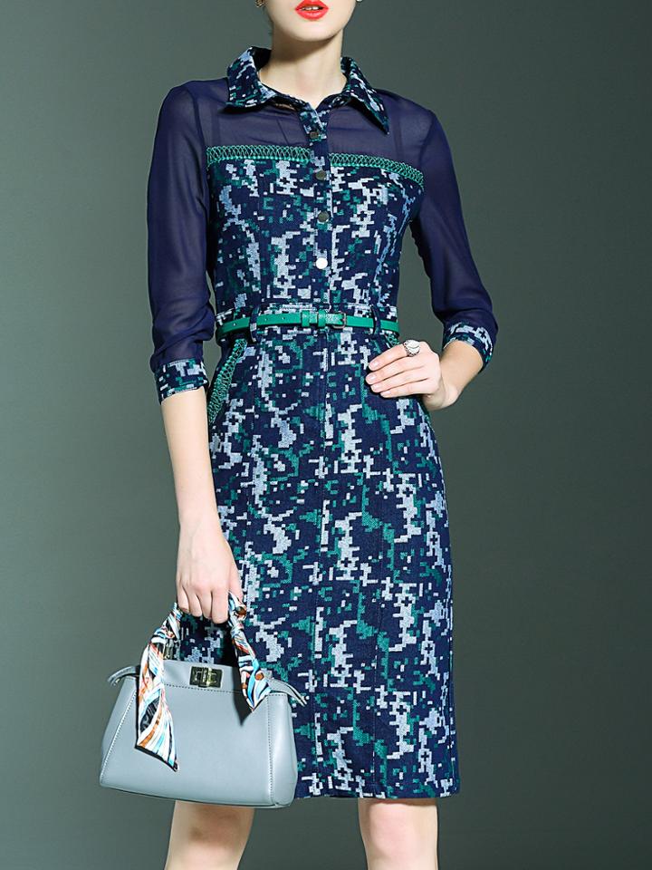 Shein Blue Lapel Jacquard Belted Sheath Dress