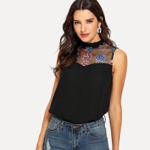 Shein Frilled Collar Embroidered Mesh Shoulder Top