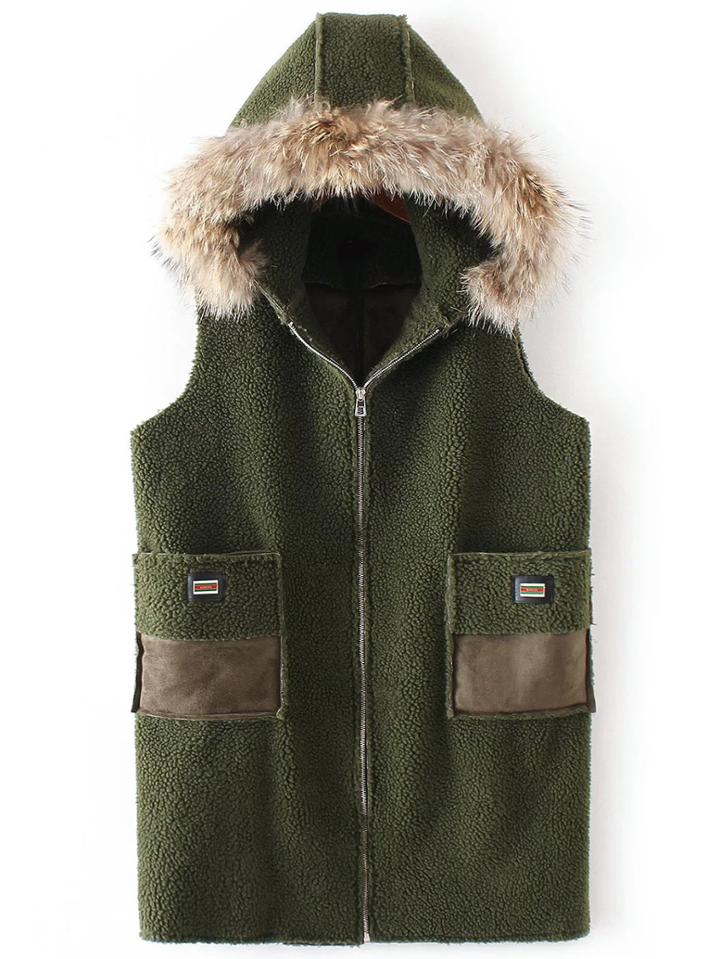 Shein Army Green Button Detail Hooded Vest With Pocket