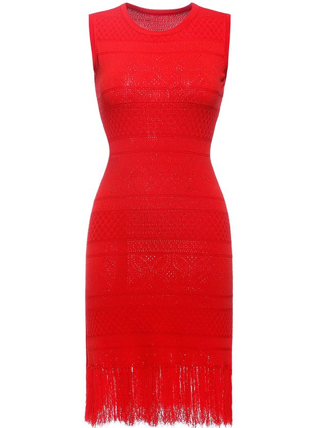 Shein Red Knit Mesh Tassel Sheath Dress