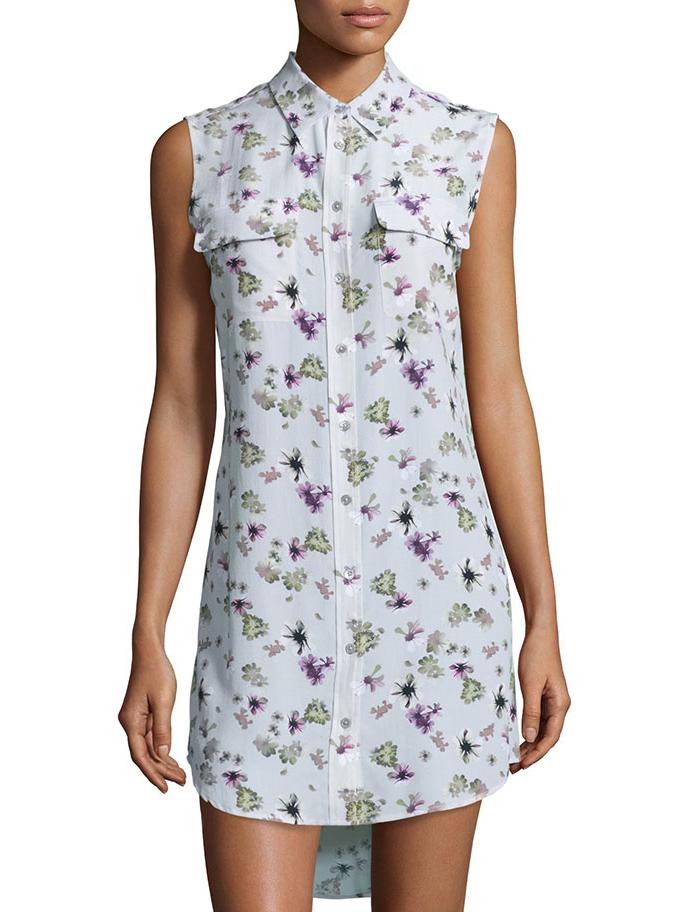 Shein Light Blue Lapel Sleeveless Print Pockets Dress