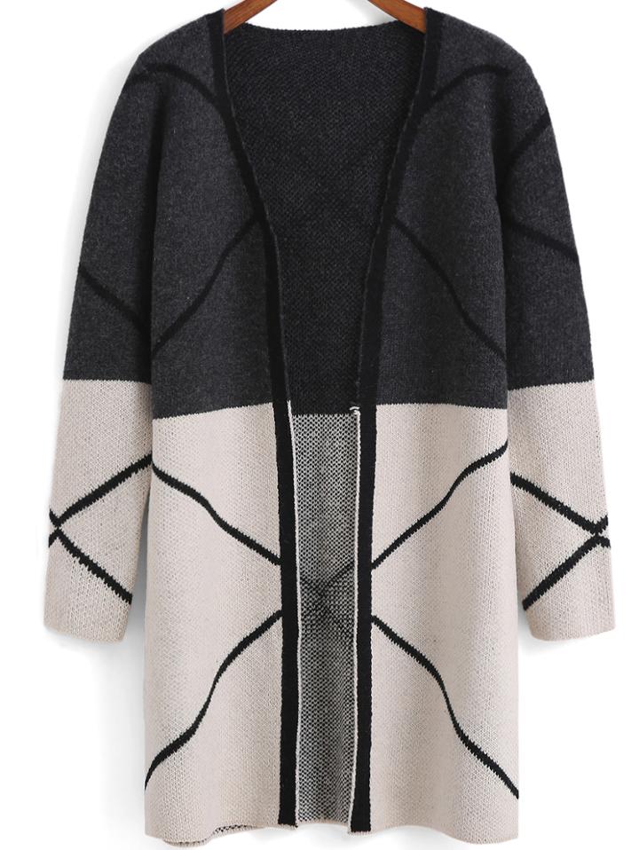 Shein Grey White Long Sleeve Line Print Cardigan