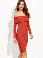 Shein Red Foldover Off The Shoulder Button Side Ribbed Dress