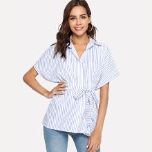 Shein Striped Tie Waist Batwing Sleeve Blouse