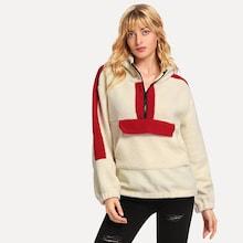 Shein Contrast Panel Quarter Zip Teddy Sweatshirt