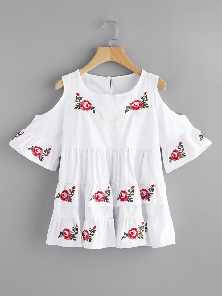 Shein Open Shoulder Tiered Frill Trim Embroidery Blouse