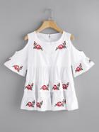 Shein Open Shoulder Tiered Frill Trim Embroidery Blouse