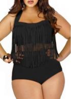 Rosewe Black Two Piece Fringe Decorated Swimwear