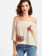 Shein Apricot Off The Shoulder Embroidered Patch Slit Back Top