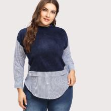 Shein Plus Contrast Corduroy Curved Hem Blouse