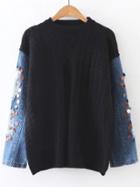 Shein Black Cable Knit Sequin Ripped Denim Sleeve Sweater