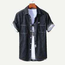 Shein Men Contrast Stitching Roll Up Sleeve Denim Shirt