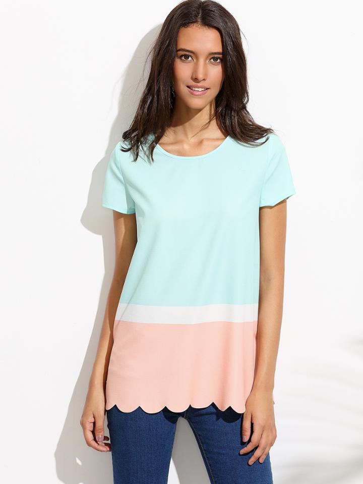 Shein Color Block Short Sleeve Scallop Hem Blouse
