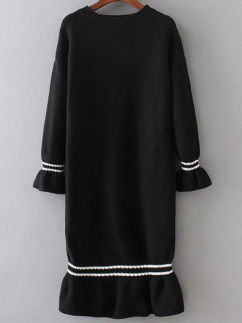 Shein Black Bell Sleeve Ruffle Hem Knit Dress