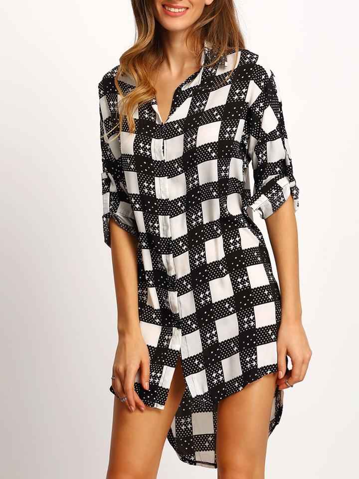 Shein Black White Plaid Dip Hem Shirt Dress