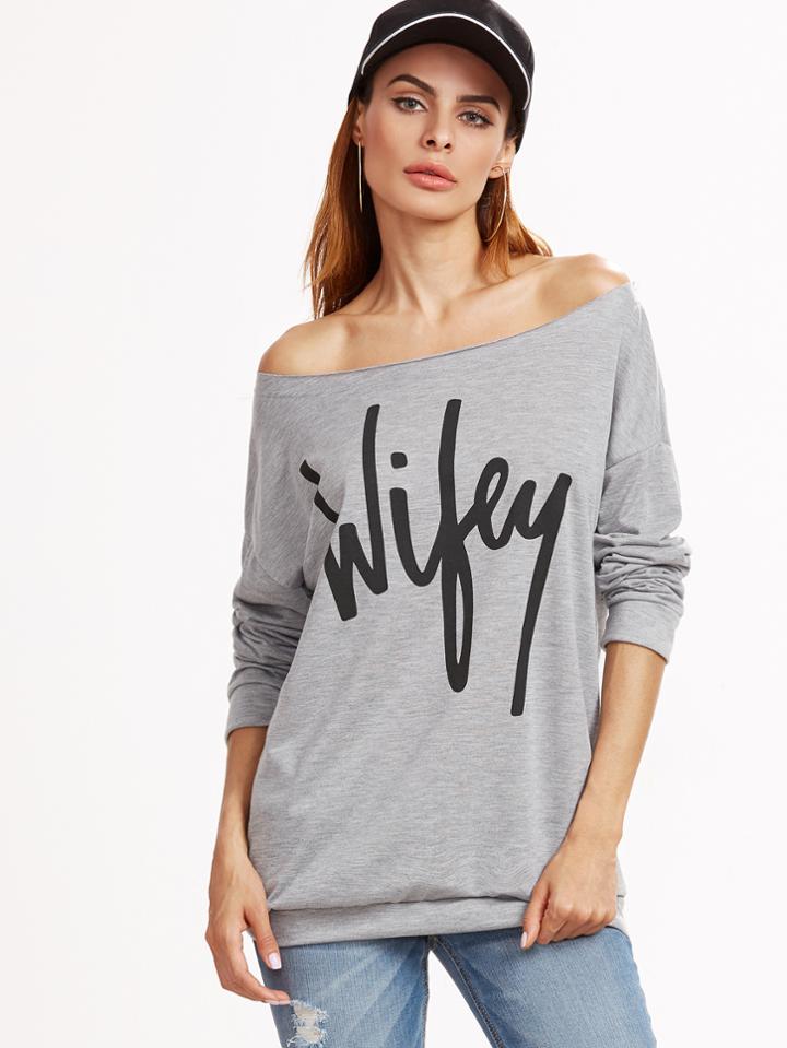 Shein Grey Boat Neck Drop Shoulder Letter Print Sweatshirt
