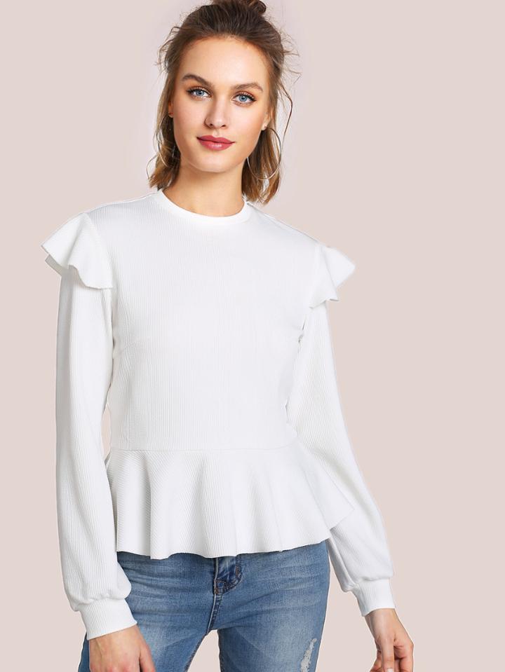 Shein Ruffle Shoulder Rib Knit Peplum Top