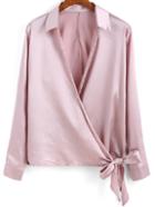 Shein Pink Lapel Long Sleeve Bow Blouse
