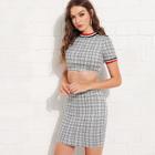Shein Contrast Striped Plaid Crop Top And Skirt Set