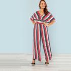 Shein Plus V Neck High Waist Wide Leg Striped Jumpsuit