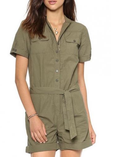 Rosewe Trendy Short Sleeve Army Green Rompers With Button