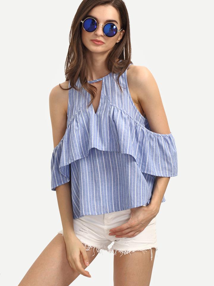 Shein Striped Open Shoulder Frill Keyhole Back Blouse