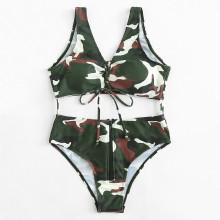Shein Lace Up Zip Fly Connected Two Piece Swimsuit