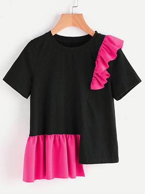 Shein Contrast Frill Trim Staggered Hem T-shirt