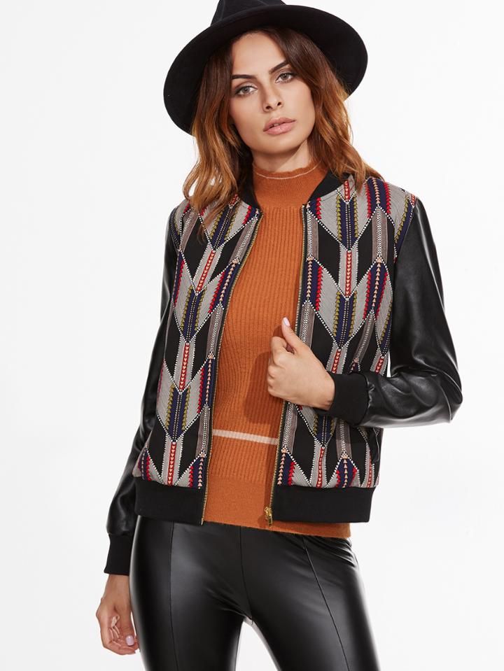 Shein Black Geometric Print Pu Sleeve Bomber Jacket