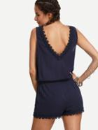 Shein Navy V Back Crochet Trim Jumpsuit With Pockets