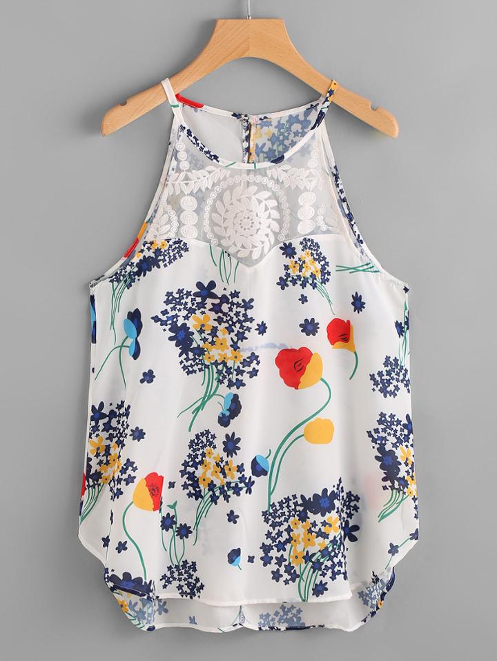 Shein Embroidered Mesh Insert Florals Cami Top