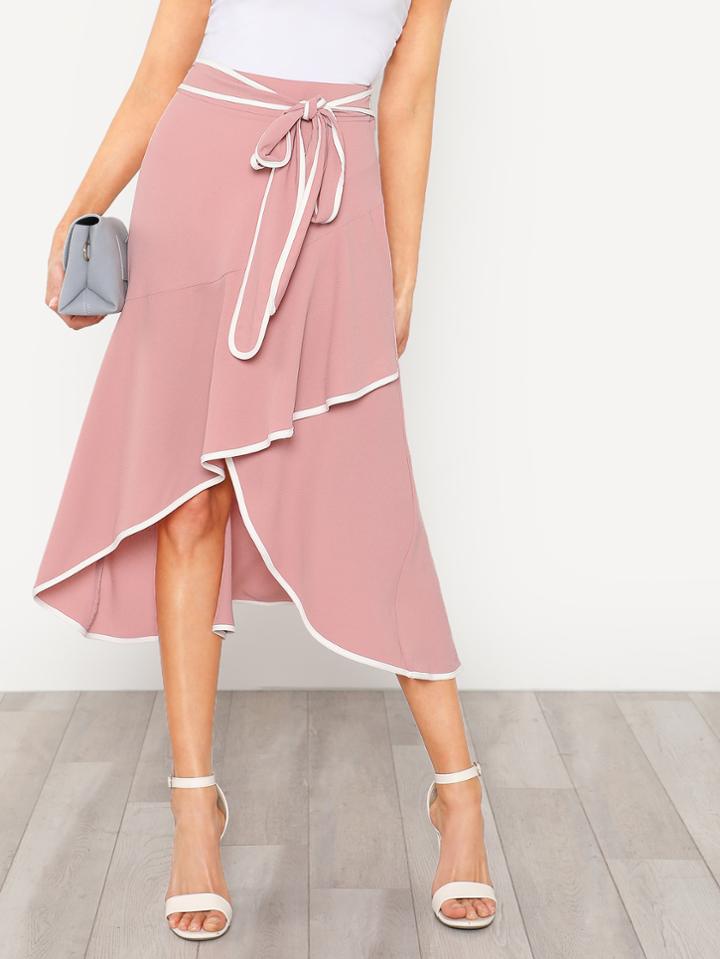Shein Contrast Binding Self Tie Asymmetric Ruffle Skirt
