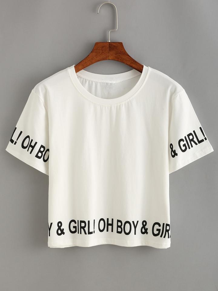 Shein White Letters Print Crop T-shirt