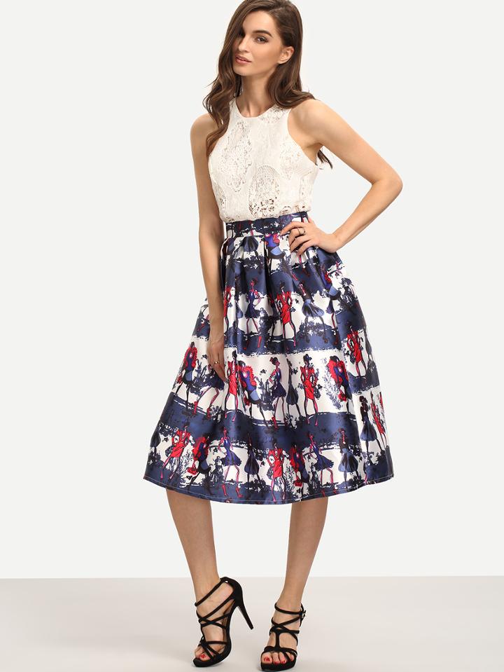 Shein Vintage Print Box Pleated Midi Skirt