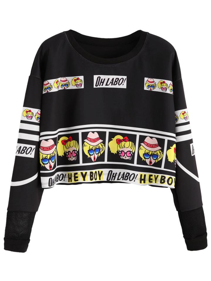 Shein Black Cartoon Print Mesh Instert Crop Sweatshirt