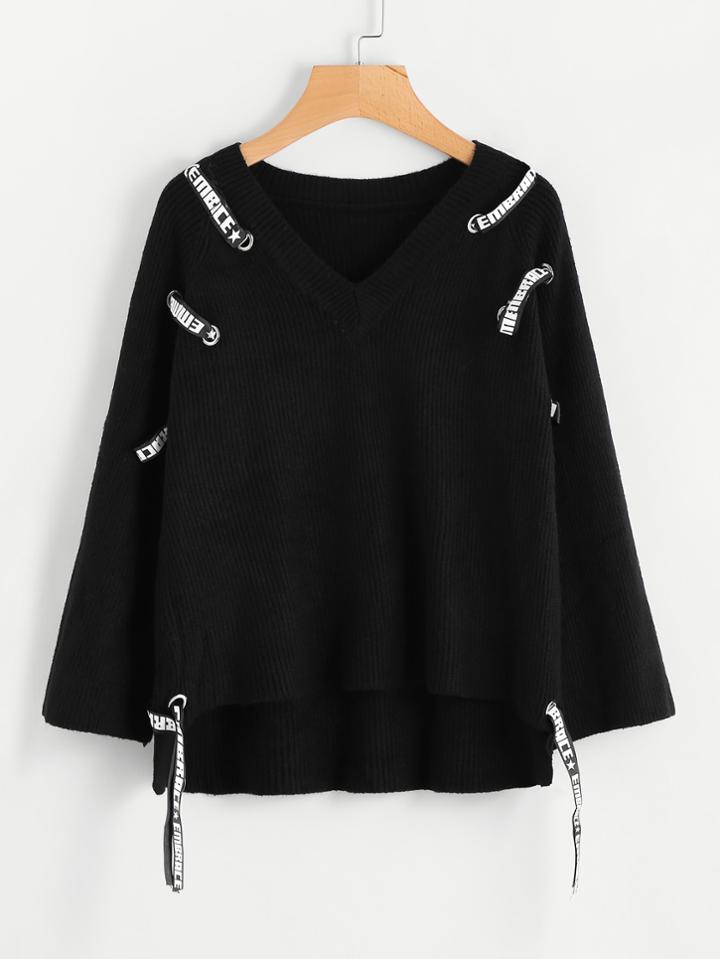 Shein Grommet Letter Print Tape Dip Hem Jumper