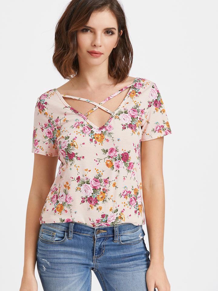 Shein Crisscross V Neck Floral Print T-shirt