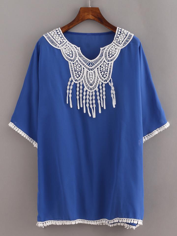 Shein Lace Trimmed Blue Chiffon Poncho Blouse