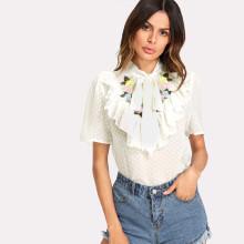 Shein Tie Neck Flower Embroidered Dot Jacquard Top