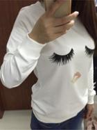 Shein White Round Neck Eyelash Mouth Print Sweatshirt