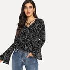 Shein Bell Sleeve Split Criss Cross Dot Print Blouse