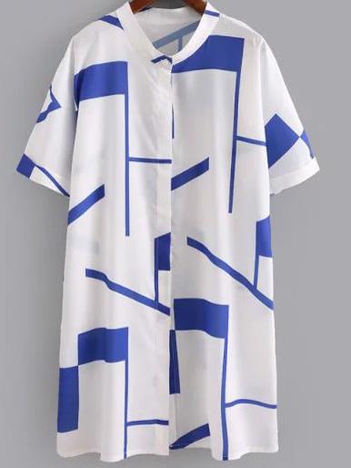 Shein Blue Short Sleeve Buttons Front Geometric Print Dress