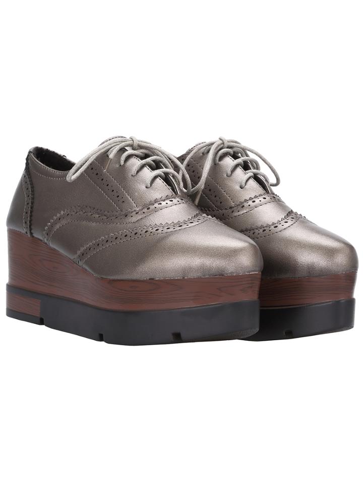 Shein Grey Pointed Toe Pierced Thick-soled Lace Up Shoes