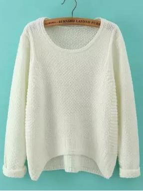 Shein White Round Neck Dip Hem Loose Sweater