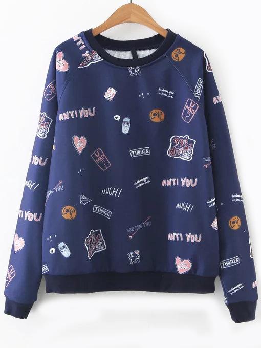 Shein Navy Printed Raglan Sleeve Sweatshirt