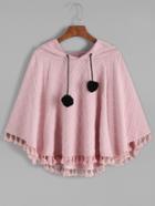 Shein Pink Hooded Plaid Embossed Fringe Hem Poncho Coat