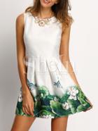 Shein White Floral Frint Pleated Skater Dress