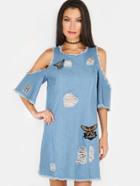 Shein Cold Shoulder Fray Patch Dress Denim