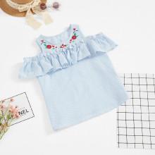 Shein Girls Floral Embroidered Open Shoulder Ruffle Striped Dress